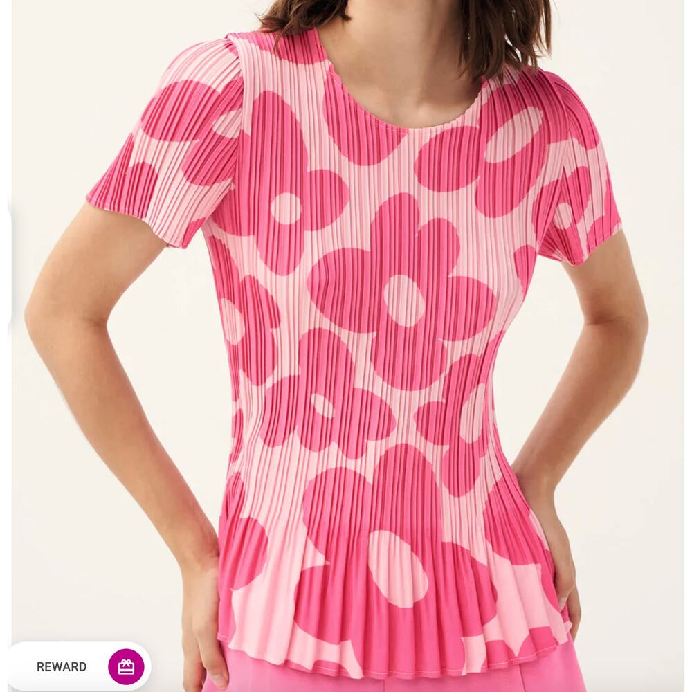 LEO & UGO YE453 Barbie Pink Pleated Summer Floral Short Sleeve Blouse Large